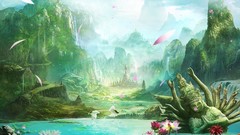 Mountains statues lakes fantasy art