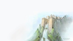 Mountains waterfalls cliffs Castles drawings minimalistic