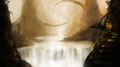 Mountains waterfalls spider webs artwork fantasy art stairways