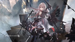 Mountains weapons Swords scarfs long hair anime girls gray hair 