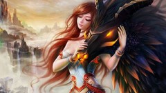 Mountains woman Horses drawings redheads fantasy art girls with 