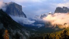 Mountains Yosemite National Park Trees cliff clouds nature USA