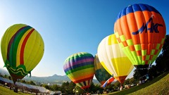 Multicolor vehicles skies hot air balloons