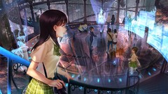 Museum hats railing Bags Cameras sitting reflections projection 