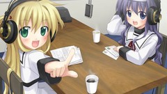 Music coffee headphones studio blondes long hair anime girls