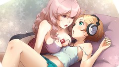 Music headphones Anime blondes pink hair anime girls panties 