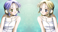 Music headphones anime girls purple hair blonde yellow eyes