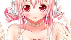 Music headphones Anime Hearts red eyes pink hair anime girls 