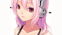 Music headphones Anime red eyes pink hair anime girls super 