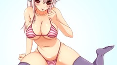 Music headphones Anime red eyes pink hair anime girls super 