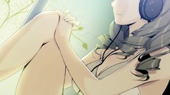 Music headphones Manga anime girls listening window panes