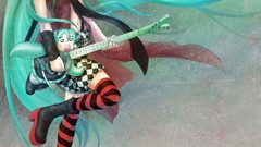 Music instruments stockings guitars blue hair anime girls blue 