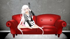 Music white hair sitting instruments guitars skirts couch long 