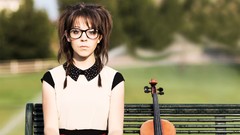 Music woman bench glasses faces violins brunettes pigtails 