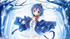 Music woman dress blue hair anime girls orange eyes