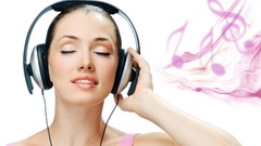 Music woman headphones brunettes black hair
