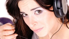 Music woman headphones dancing models