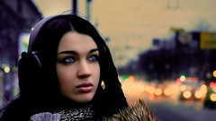 Music woman headphones faces urban models black hair