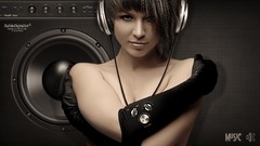 Music woman headphones gloves black hair music girl