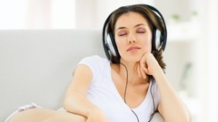 Music woman headphones happy smiling brunettes