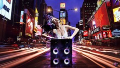 Music woman headphones sound cityscapes