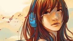 Music woman headphones tears crying artwork
