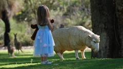 Nature Animals children sheep blue dress