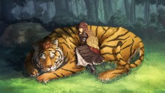 Nature Animals sleeping Tigers long hair anime girls brunettes 