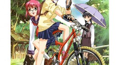 Nature Anime red eyes sitting schoolgirls anime girls green 