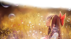 Nature bubbles Plants fields bows outdoors long hair anime 