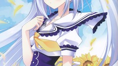 Nature clouds Sunflowers dress white hair red eyes skirts anime 