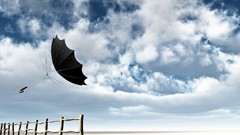 Nature clouds Umbrellas Wooden fence skyscapes windy