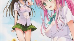 Nature clouds woman Anime sitting schoolgirls skirts pink hair 