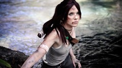 Nature embrace green eyes brunettes lara croft cosplay