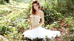 Nature foliage woman dress sitting outdoors corset brunettes 