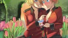 Nature grass Anime blondes skirts smiling anime girls blue eyes 