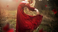 Nature grass Butterflies woman red dress dancing blondes