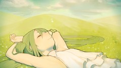 Nature grass clouds hills meadows dress long hair anime girls 
