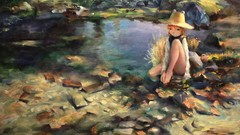 Nature grass water hats goddess sitting outdoors blondes 