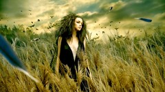 Nature grass woman Birds long hair skies black dress