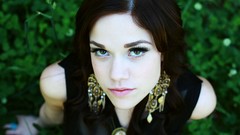 Nature grass woman close-up blue eyes brunettes portraits