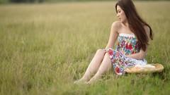 Nature grass woman dress sitting asians long hair brunettes 