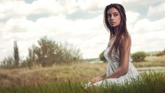 Nature grass woman dress sitting brunettes white dress dark skin