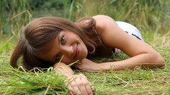 Nature grass woman outdoors smiling brunettes lying down