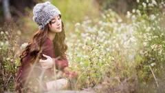 Nature grass woman sitting asians long hair closed eyes 