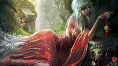 Nature grass woman white hair red dress sorcerer tails artwork 