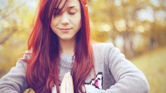 Nature gray woman cats elves Zen bokeh long hair closed eyes 