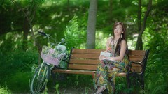 Nature Green woman Books bench Bicycles asians earphones forests