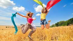 Nature joy woman widescreen fields jumping skyscapes