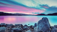nature landscape sky rock stones Lake pink cyan rocks evening